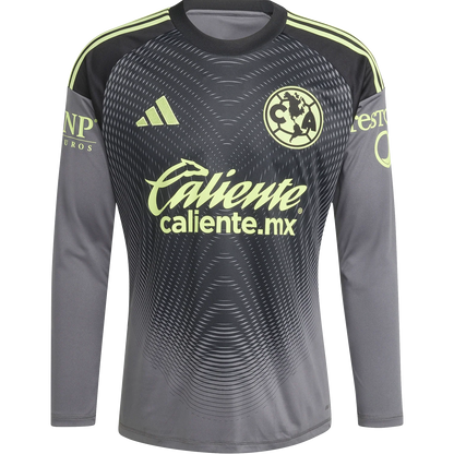 A long-sleeve soccer jersey for Club América, featuring a dark gray and black gradient pattern with neon yellow-green accents. The jersey includes the Adidas logo, the Club América crest, and the sponsor 'Caliente'.
