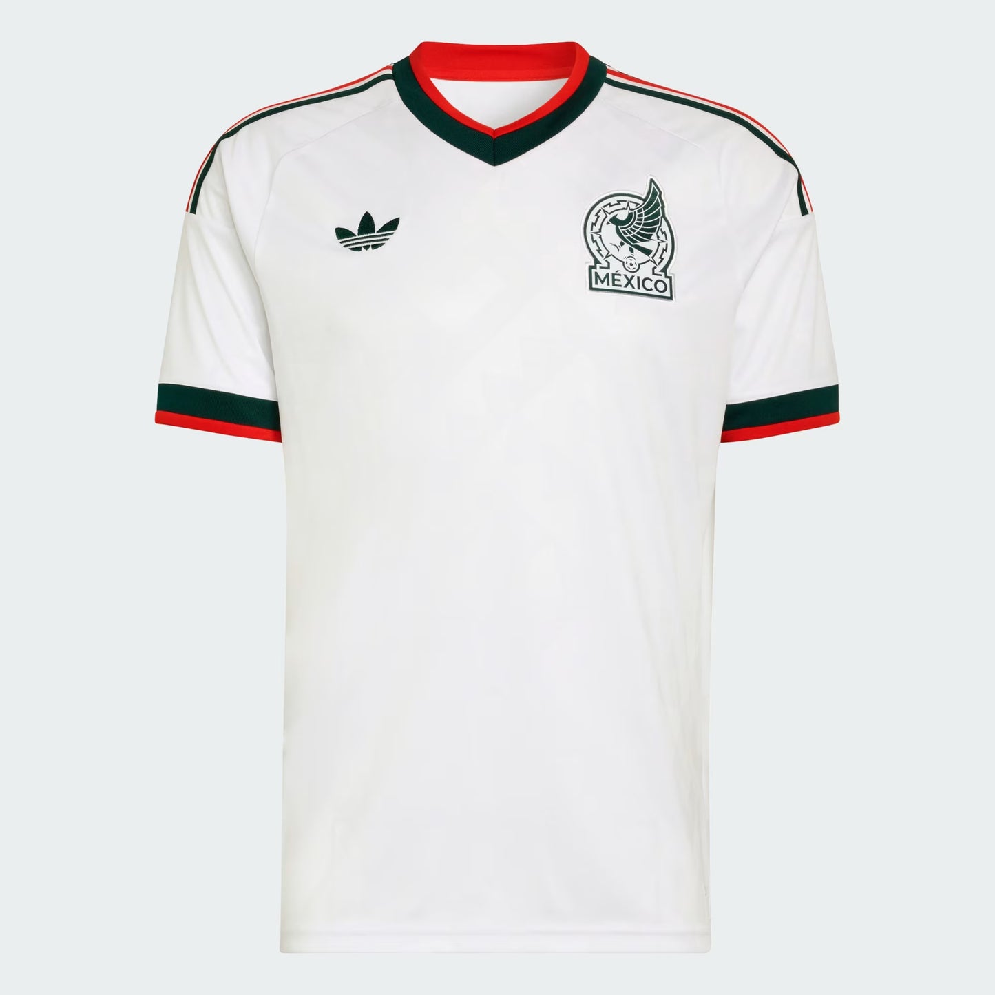 White sports jersey with red and green accents featuring Adidas logo and Mexico emblem on a white background