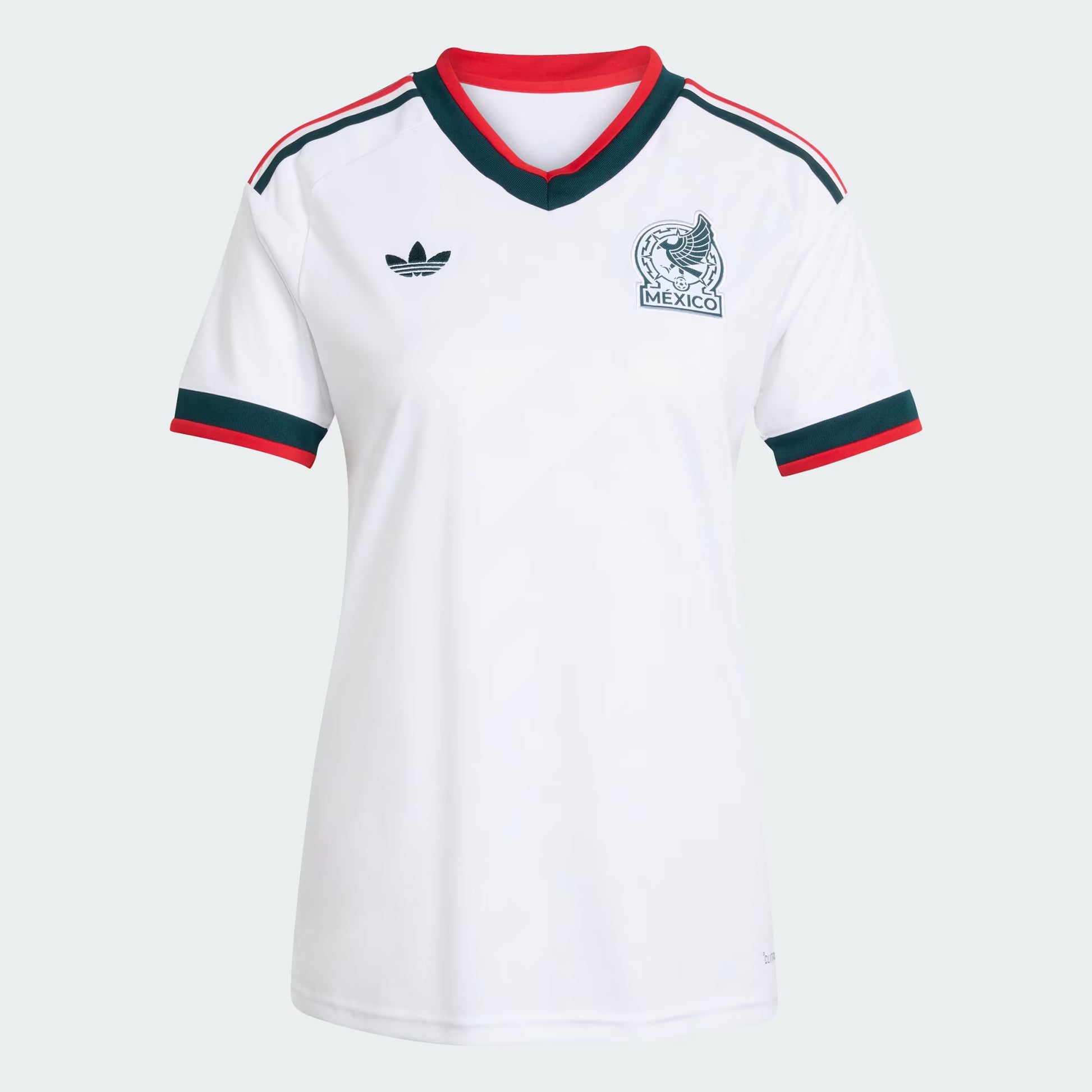 White sports jersey with red and green accents on a light gray background