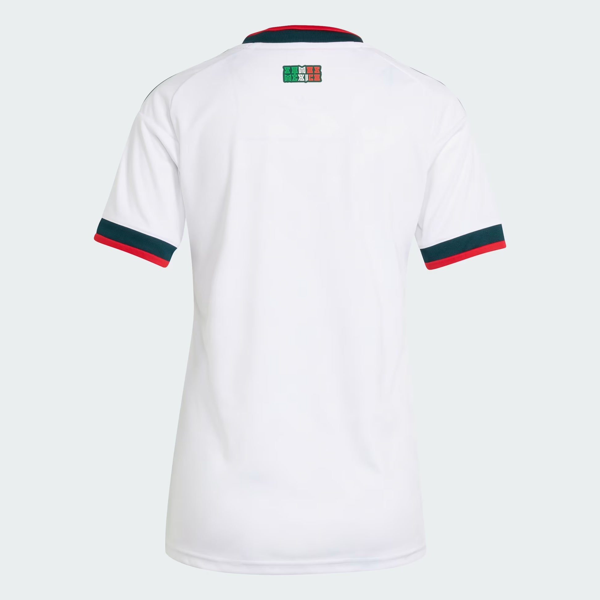 White sports jersey with red and green accents on a light gray background