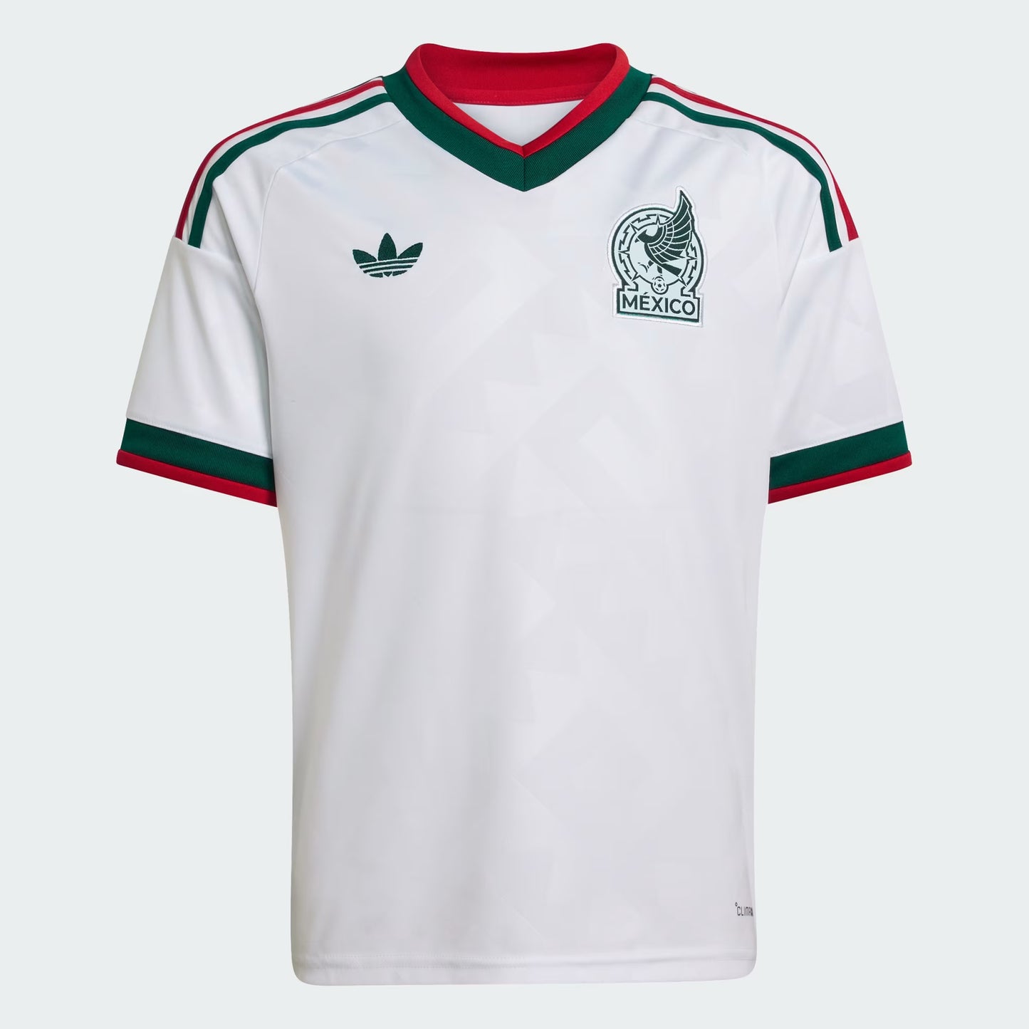 White soccer jersey with green and red accents, featuring Adidas logo and Mexico emblem on a white background