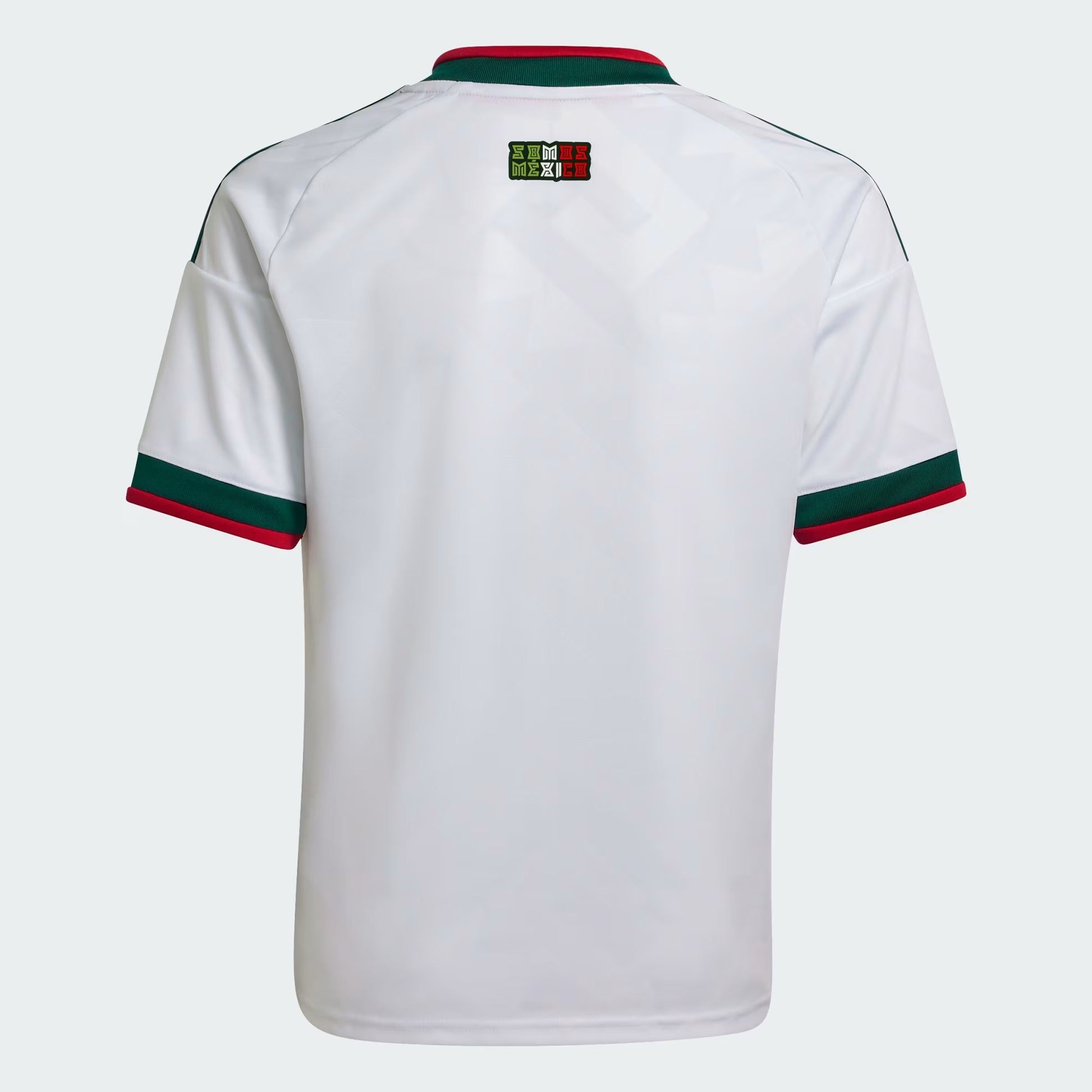 White sports jersey with green and red accents on a white background