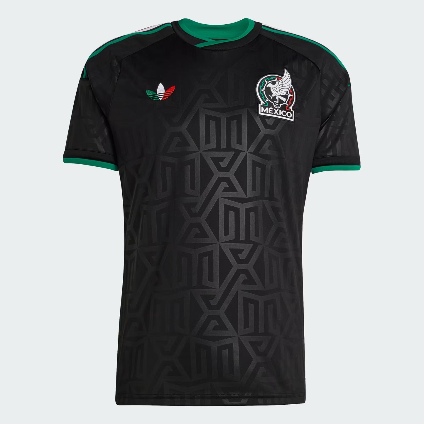 Black soccer jersey with green accents and Mexico logo on a white background