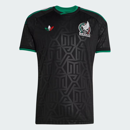 Black soccer jersey with green accents and Mexico logo on a white background