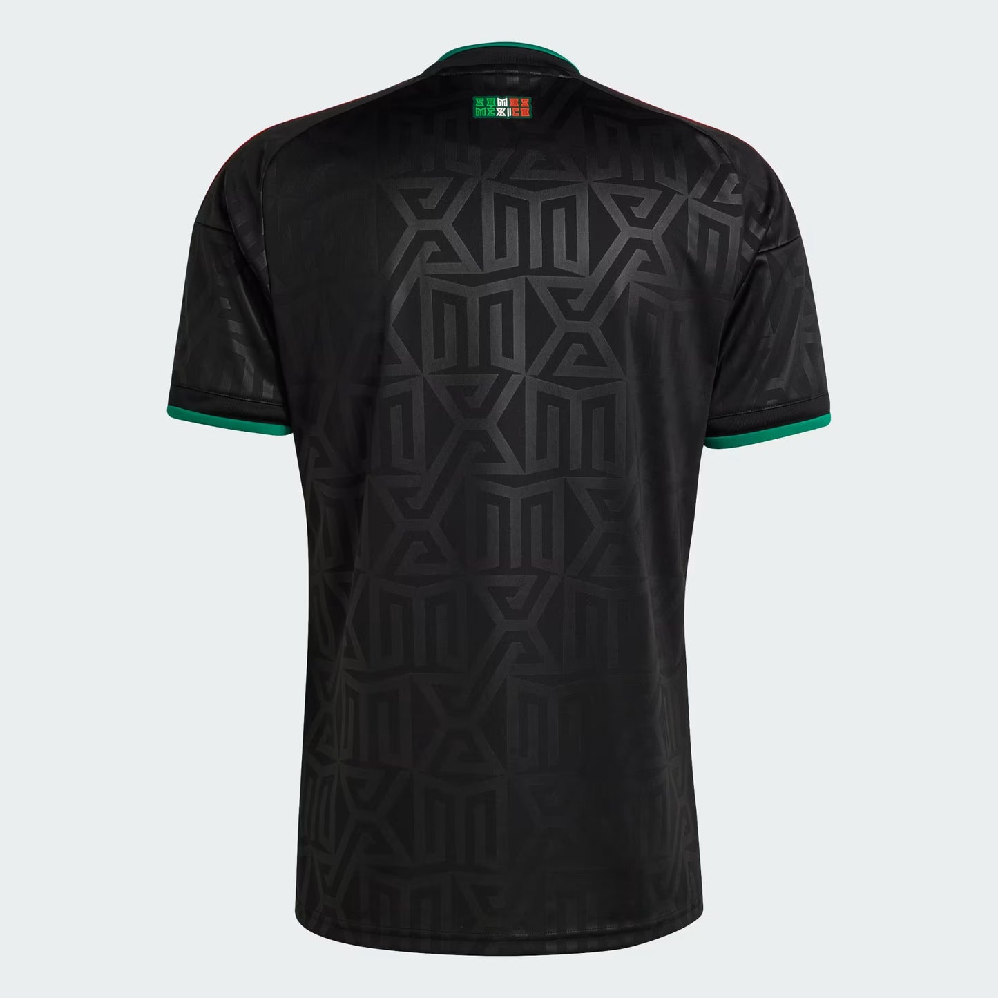 Black sports jersey with geometric pattern on a light gray background