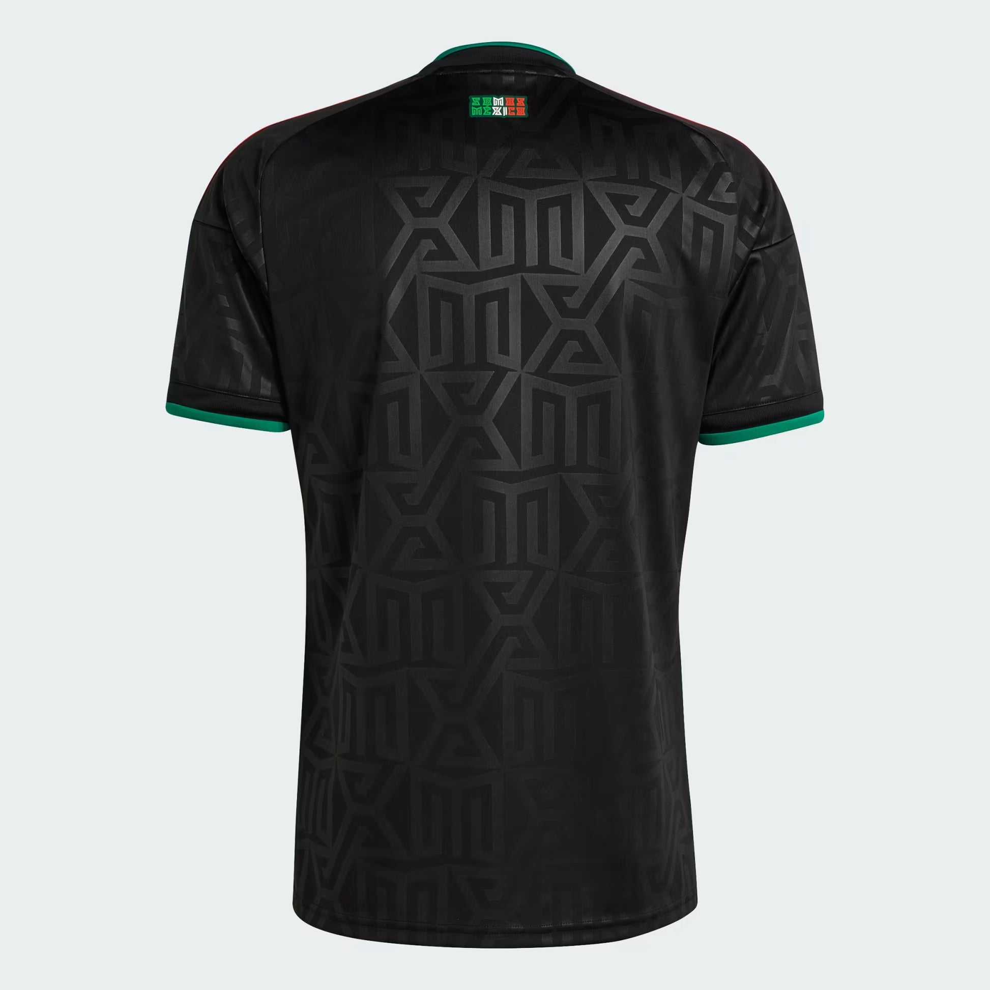 Black sports jersey with geometric pattern on a light gray background
