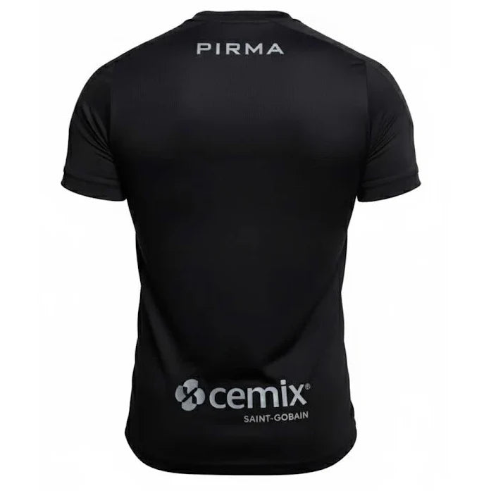 Black t-shirt with 'PIRMA' and 'cemix SAINT-GOBAIN' logos on a white background