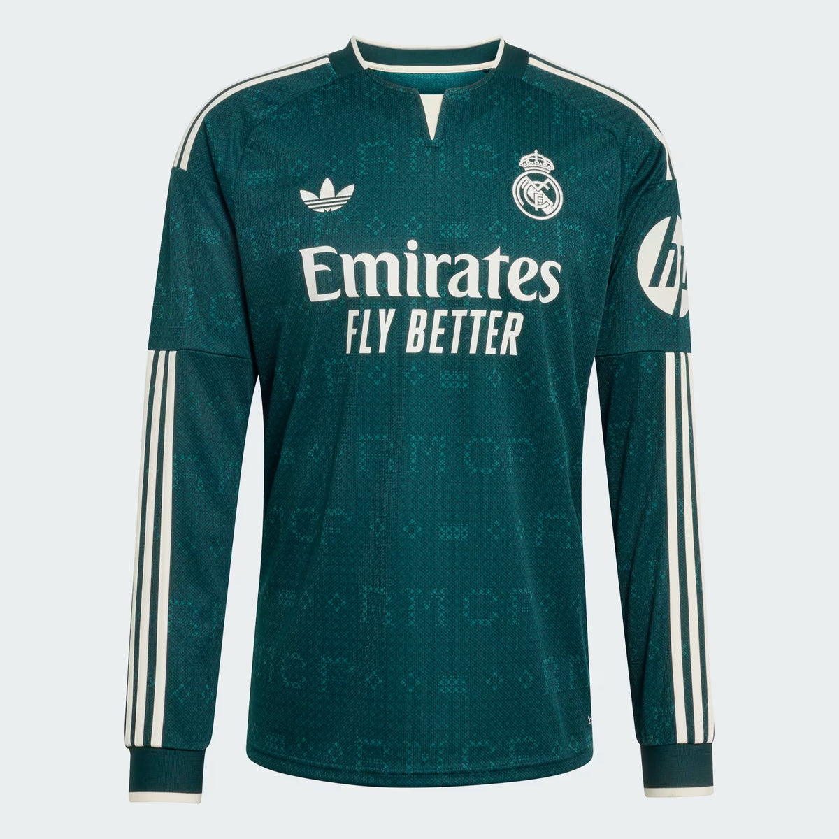 A dark teal Real Madrid long-sleeve soccer jersey with white accents, featuring the Adidas logo, Real Madrid crest, Emirates Fly Better sponsor text, and HP sleeve logo, shown on a light gray background.