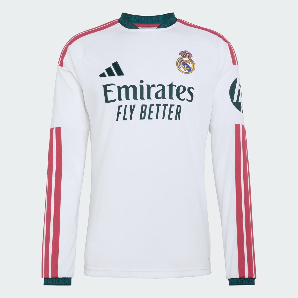 White long-sleeve sports jersey with red stripes and branding on a white background