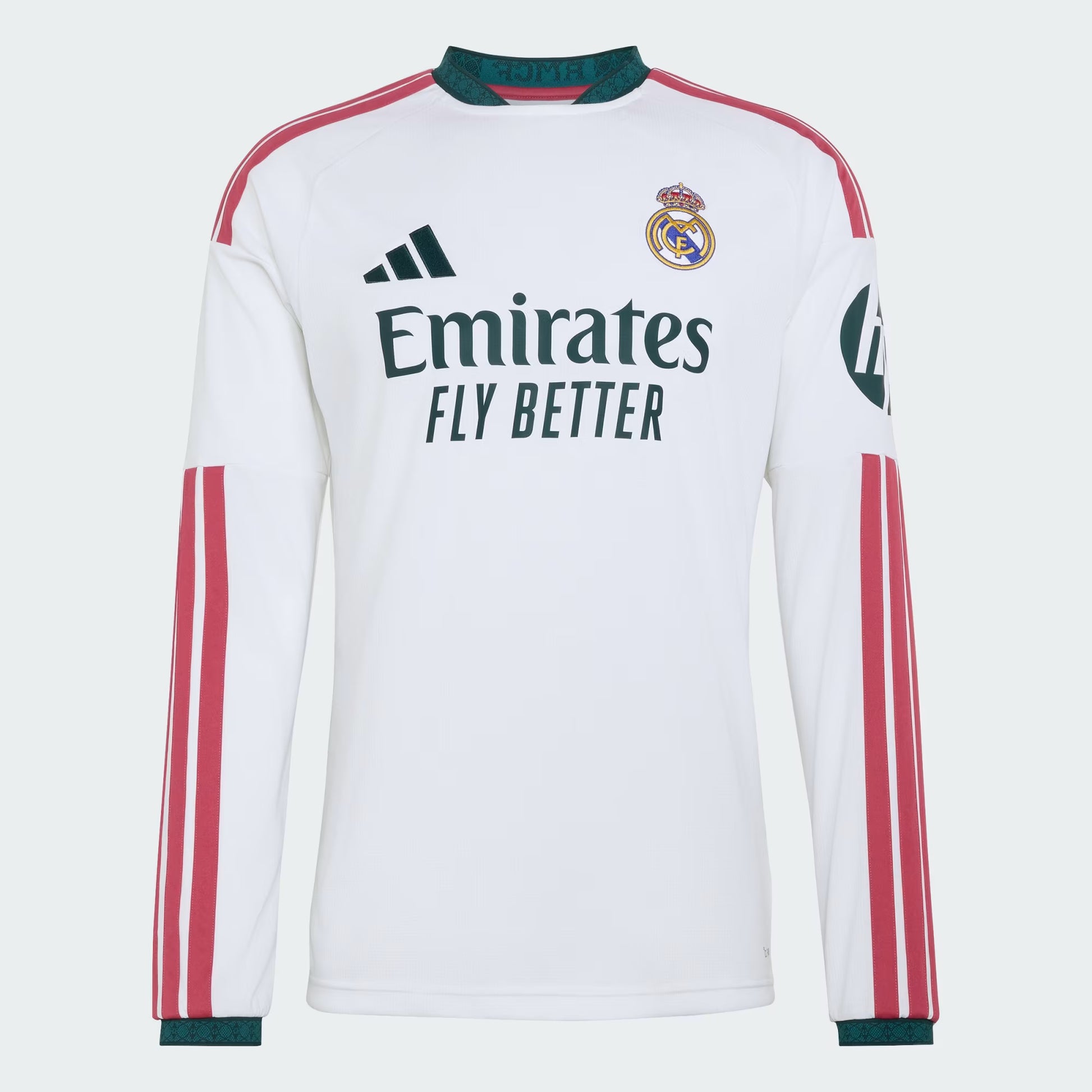 White long-sleeve sports jersey with red stripes and branding on a white background