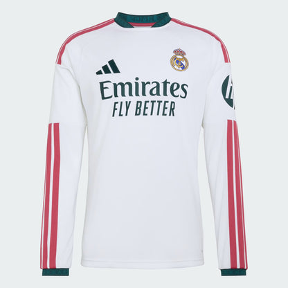 White long-sleeve sports jersey with red stripes and branding on a white background