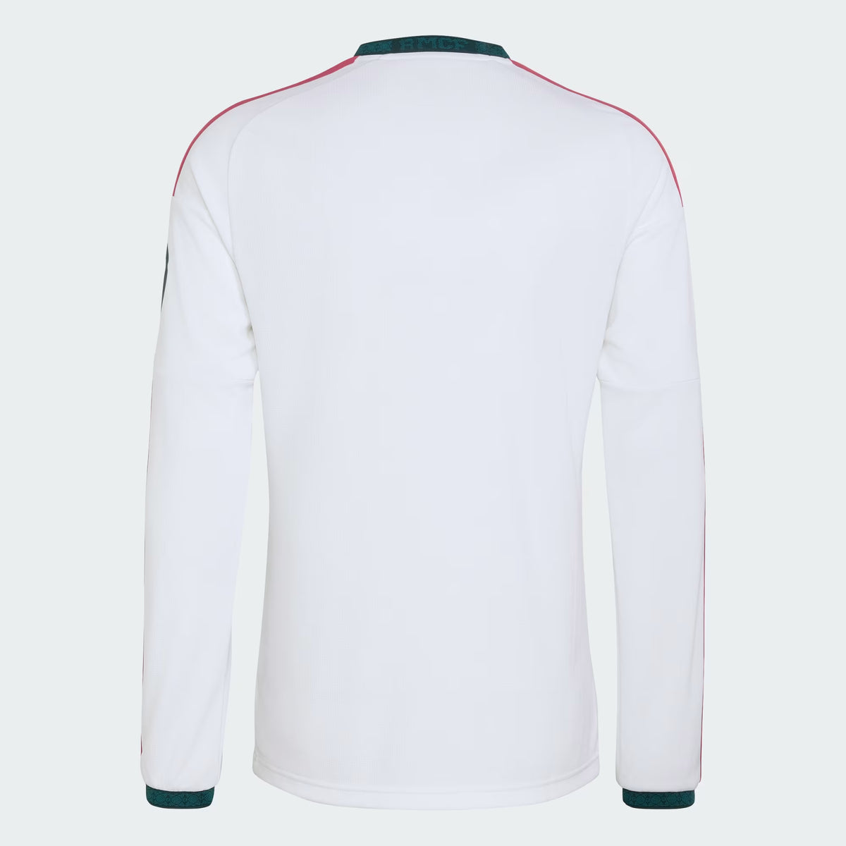 White long-sleeve shirt with red and green accents on a white background