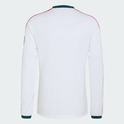 White long-sleeve shirt with red and green accents on a white background