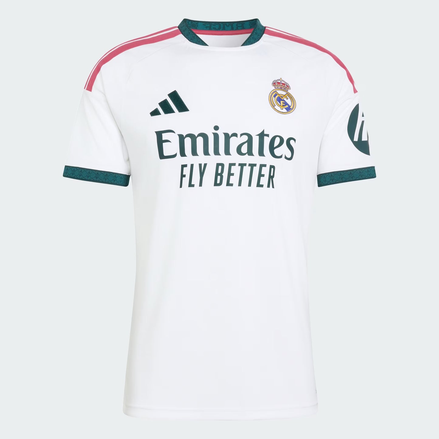 White sports jersey with Adidas and Real Madrid logos on a white background