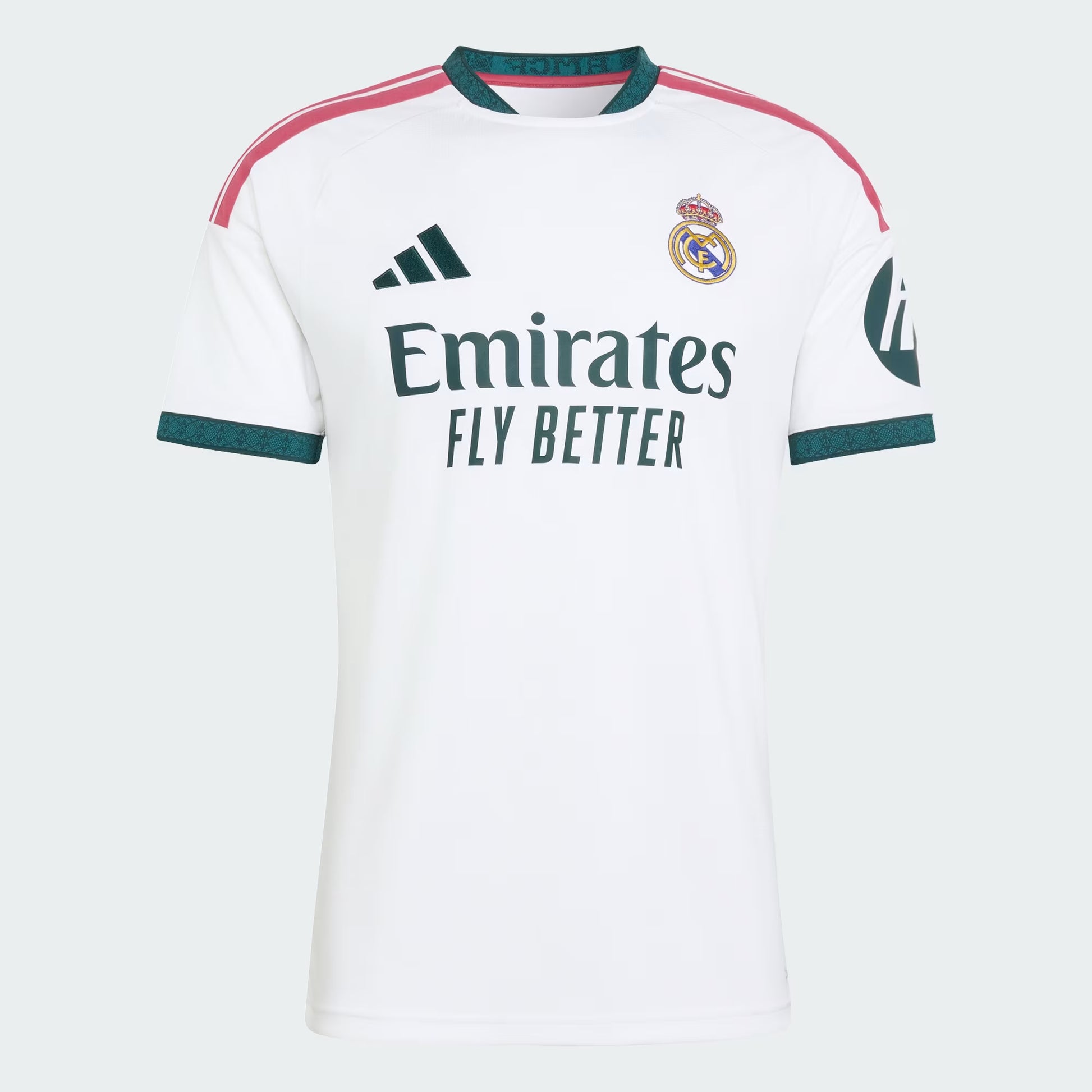 White sports jersey with Adidas and Real Madrid logos on a white background