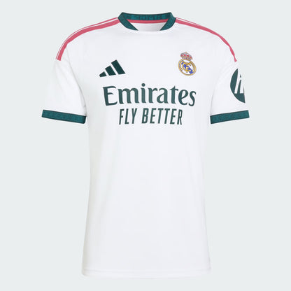 White sports jersey with Adidas and Real Madrid logos on a white background