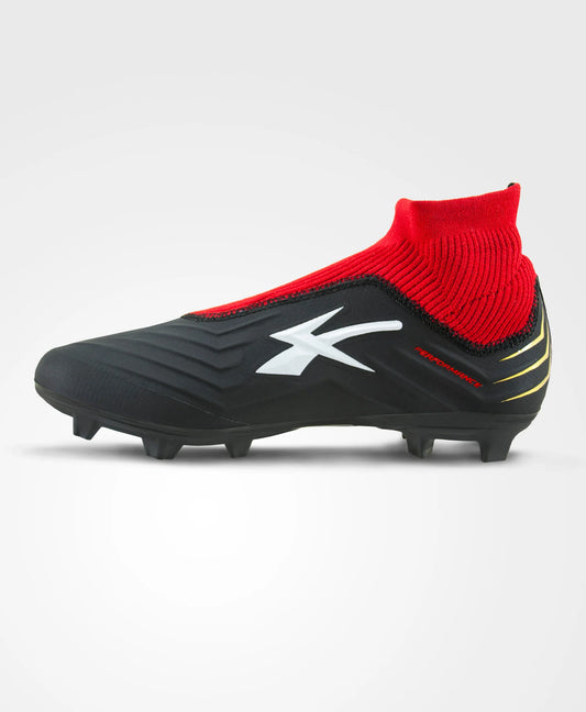 Black and red soccer cleat with a white logo on a light gray background