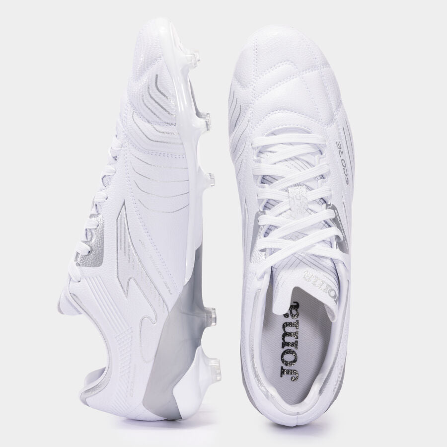 White soccer cleats with brand logo on a white background