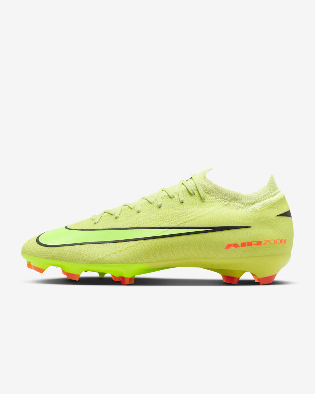 Bright green soccer cleat with black swoosh logo on a white background