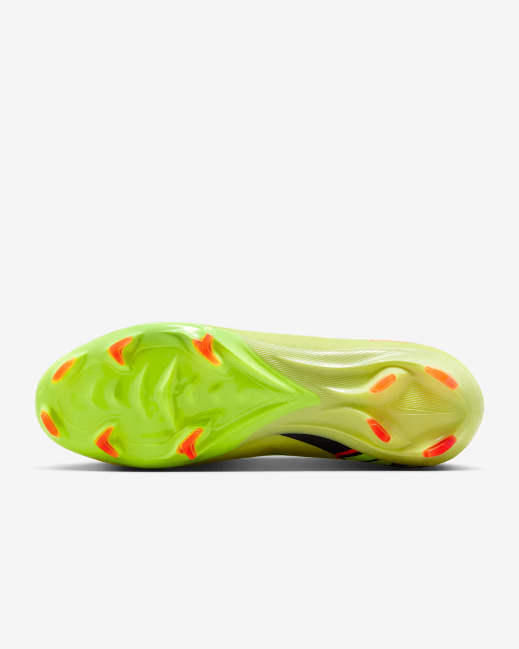 Green sports shoe with orange accents on a white background
