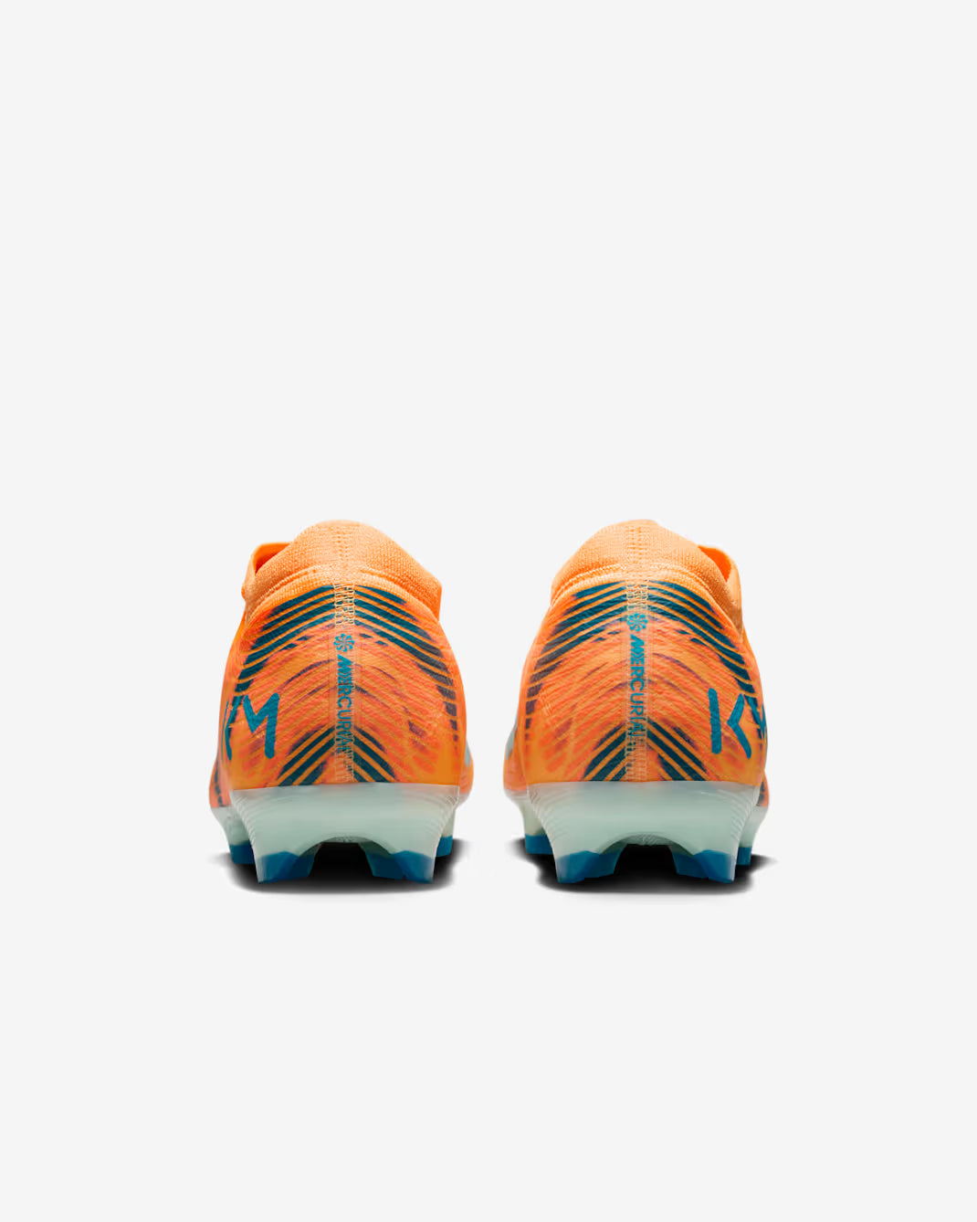 Orange soccer cleats with blue accents on a white background