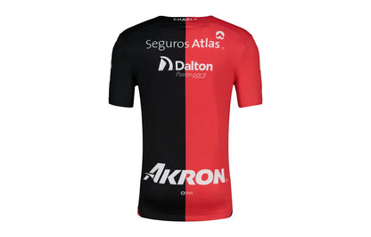 Black and red sports jersey with various brand logos on a white background