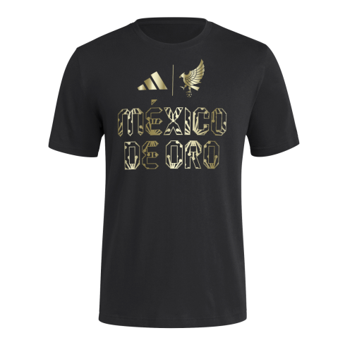 Black t-shirt with gold Adidas logo and 'México de Oro' text on a white background