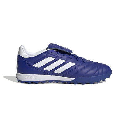 Blue and white soccer cleat with Adidas logo on a white background