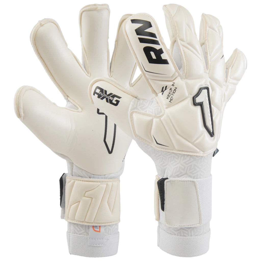 Pair of white goalkeeper gloves with black branding on a white background