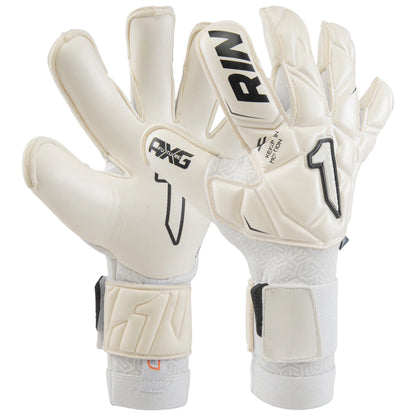 Pair of white goalkeeper gloves with black branding on a white background