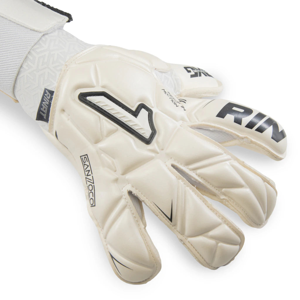 A close-up of a goalkeeper glove in off-white with black graphic accents and branding, including 'RIN' and 'FAN/PRO' text, on a clean white background.