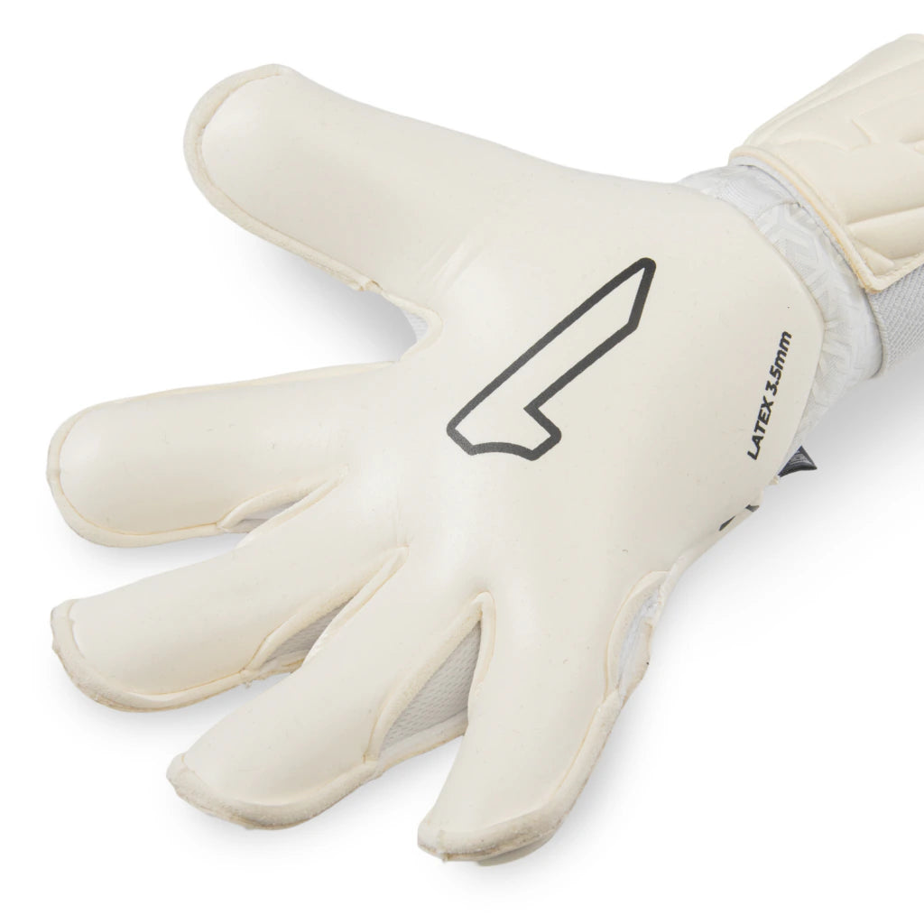 An off-white goalkeeper glove with a black outline logo on the back of the hand and 'LAYER 3-5mm' text on the wrist, shown against a plain white background.