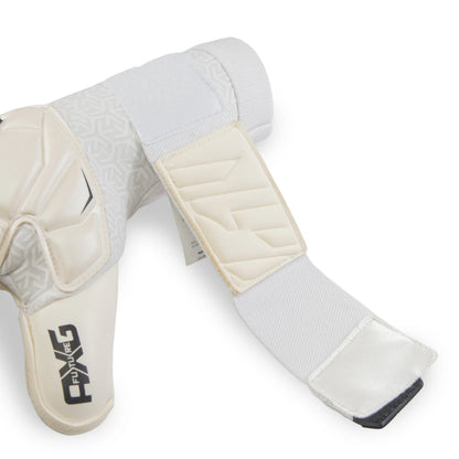 A pair of white and beige athletic shin guards with a black FXG logo, displayed on a clean white background.