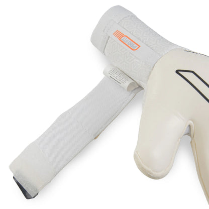 Close-up of a goalkeeper glove with a white wrist wrap and a white glove, featuring a small orange and black logo on a clean white background.